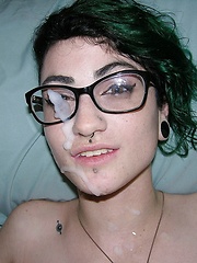 Emo Glasses Wearing Teen Models Nude, Gives Handjob And Receives A Facial